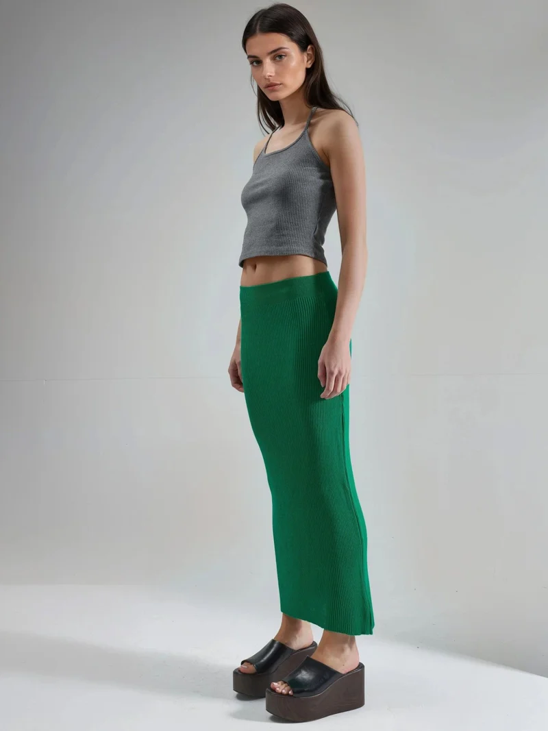 MY FASHION Green MY FASHION High Waist Ribbed Knit Maxi Skirt for Women | Best Price UAE